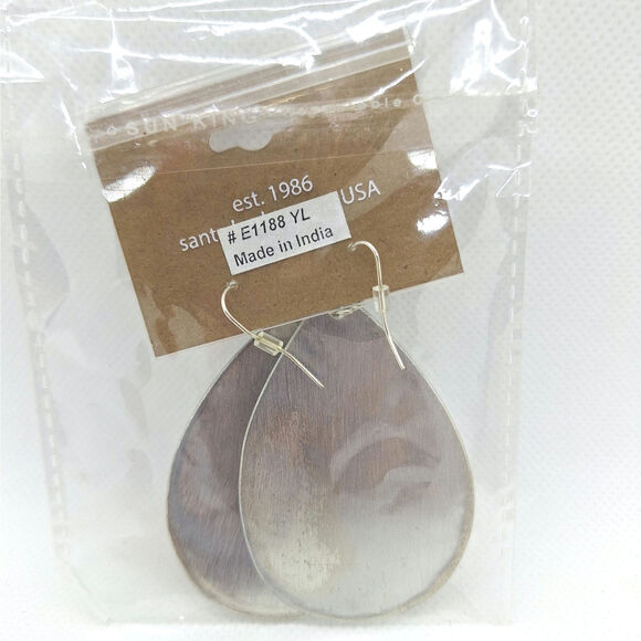 Embroidered Flower Teardrop Earring Brown Green Silver Tone Fishhook Ear Wires - Picture 3 of 4